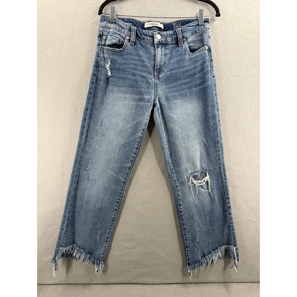 Liverpool Kennedy Straight Womens 4/27 Eco Blue Denim Cropped Frayed Hem Chic